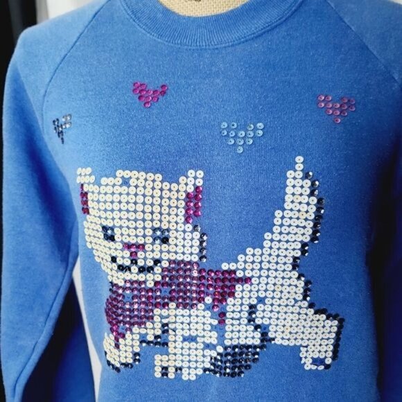 Vintage 90s Blue Sequin Kitty Cat Girly Crewneck Sweatshirt - Picture 4 of 13